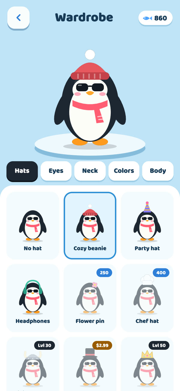The Waddle Out wardrobe, where you dress up your penguin